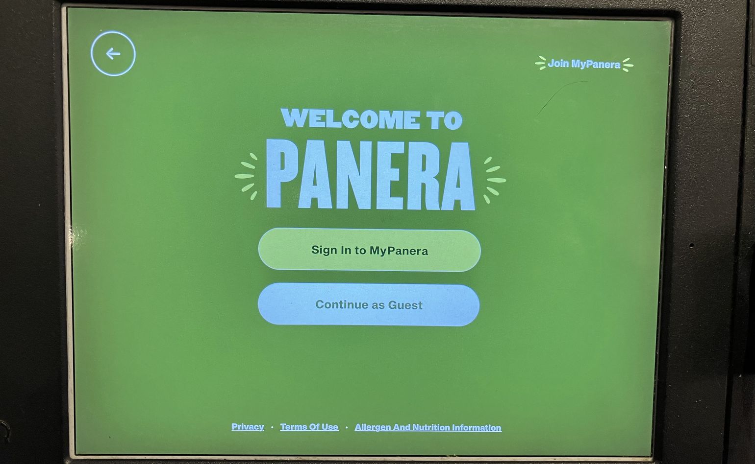 Sign In to MyPanera, or Continue as Guest. Aside from some other seldom-taken paths at the top and bottom of the screen, these are the choices.