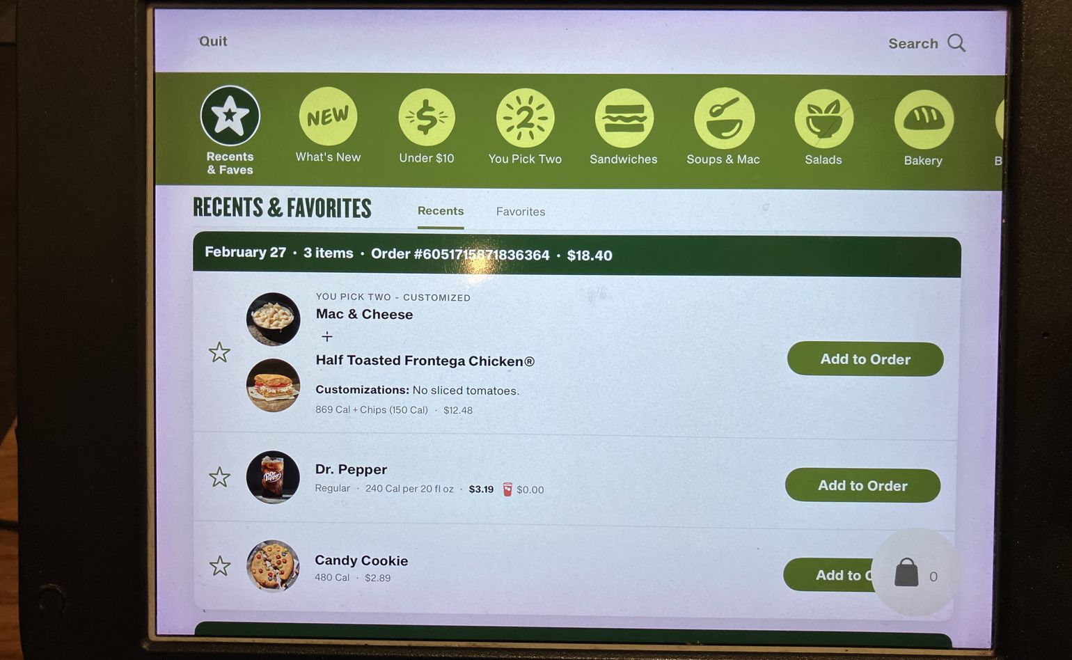 The main ordering interface. The default category displayed is Recents & Favorites and the Recents tab is preselected.