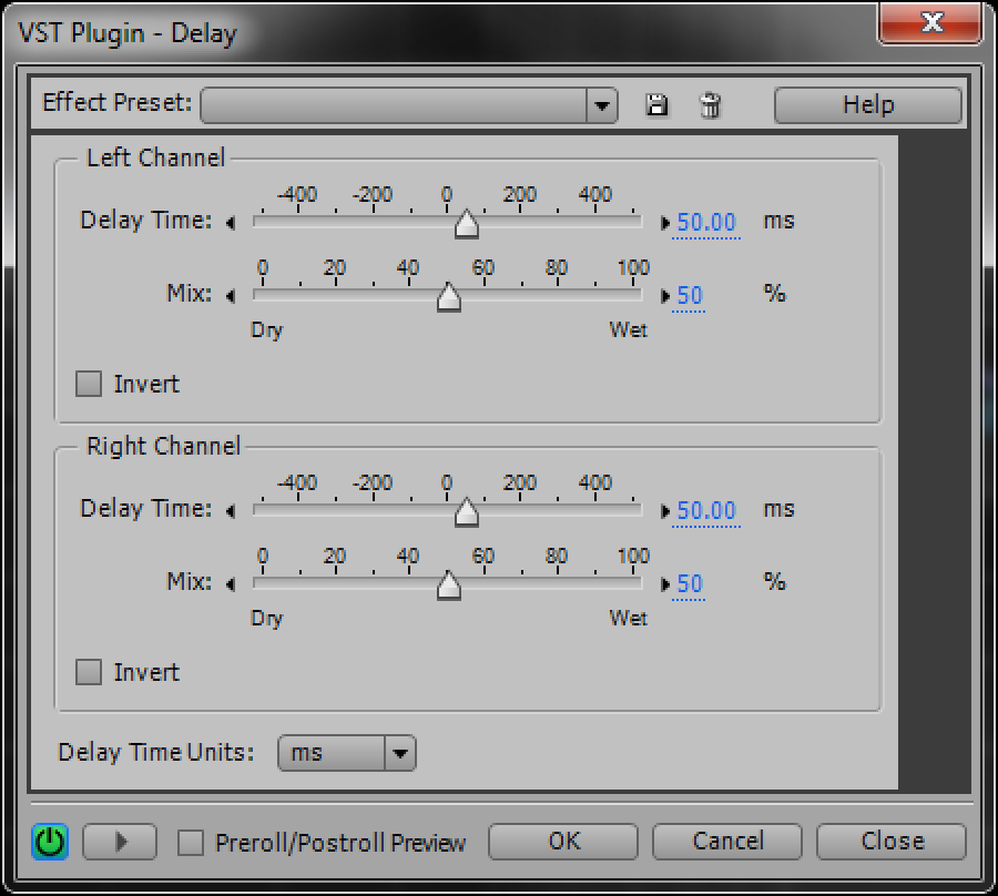 Settings for Audition’s “Delay” plugin
