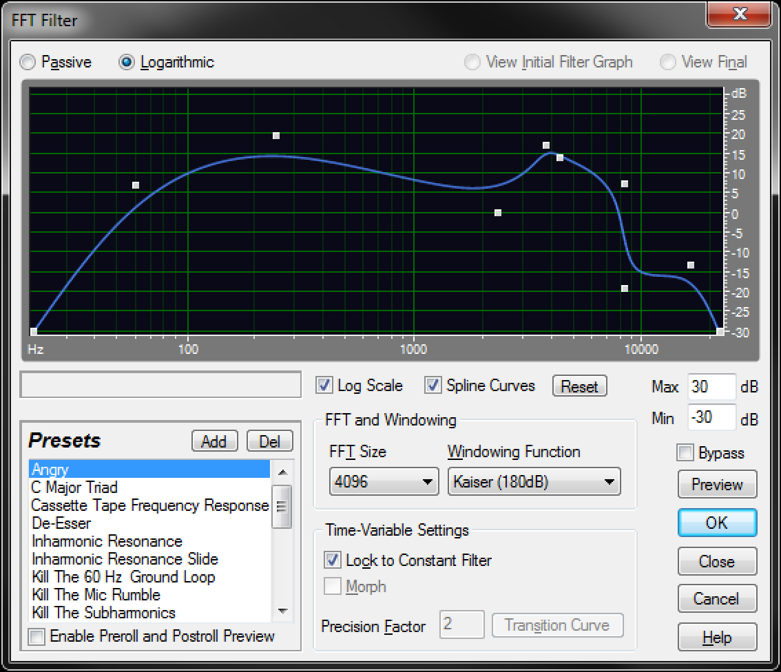 Settings for Audition’s “FFT Filter” plugin