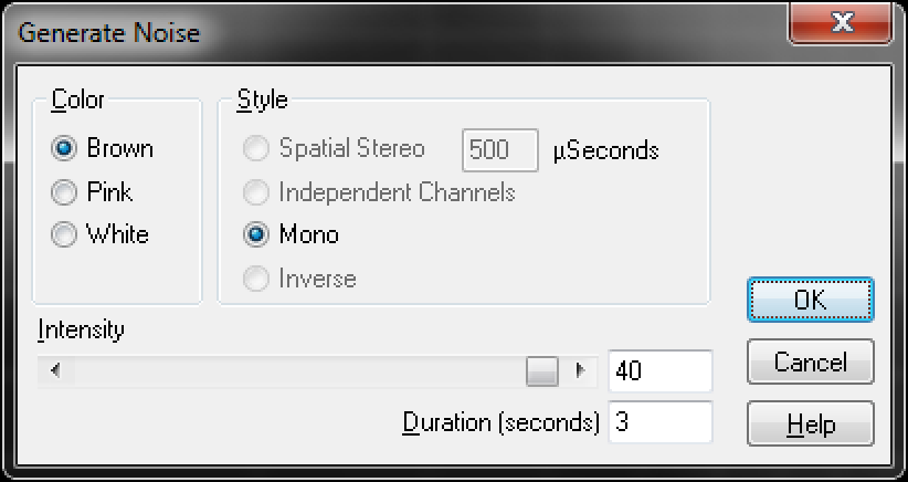 Settings for Audition’s “Generate Noise” function