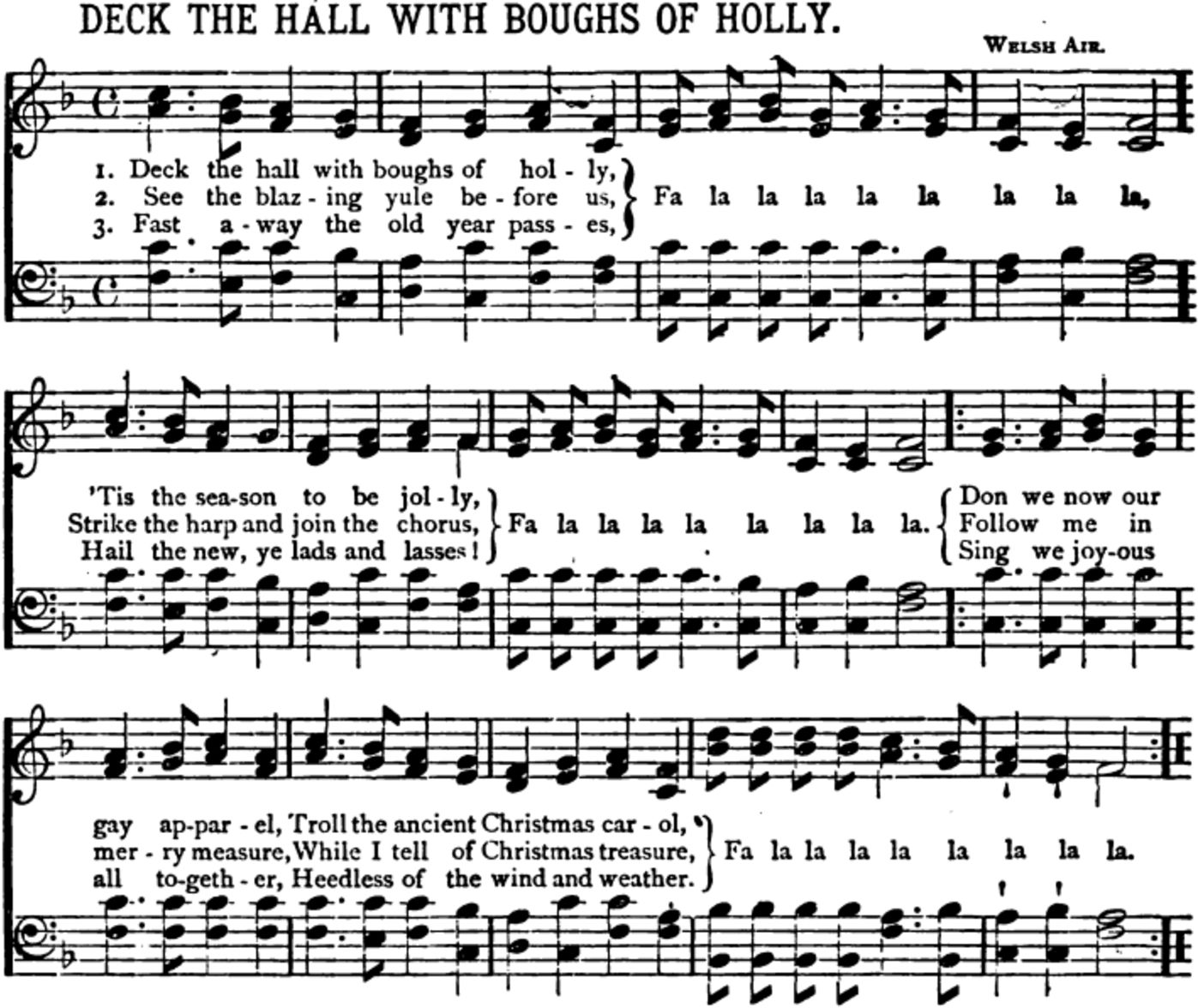 “Deck the Hall [sic] With Boughs of Holly” as printed in The Pennsylvania School Journal, vol. xxvi (1877, Wikipedia). This version lacks the third set of “fa la las” and their distinct melody.