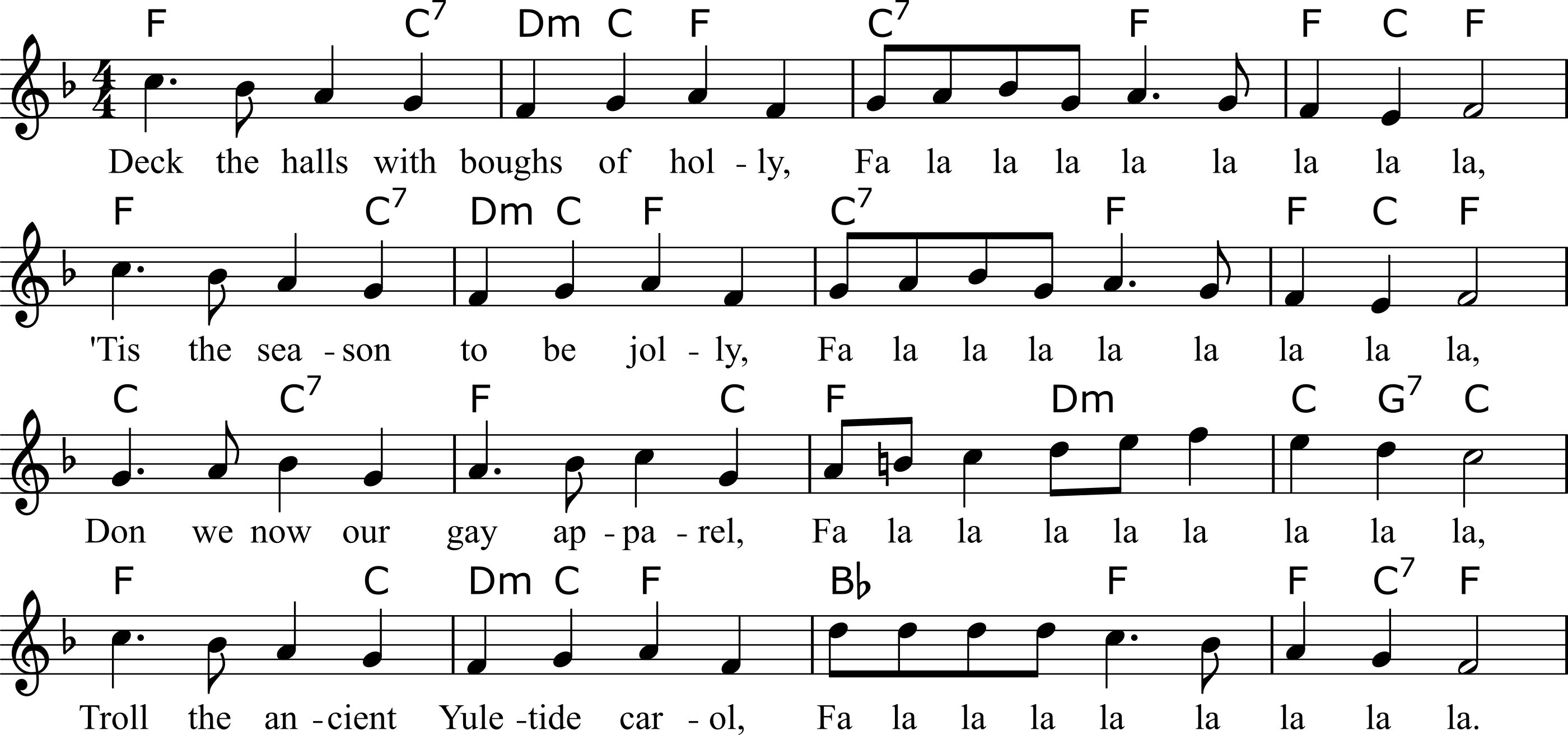 Representative arrangement for a modern rendition of “Deck the Halls” that maintains the essence of the traditional song. (LilyPond source)