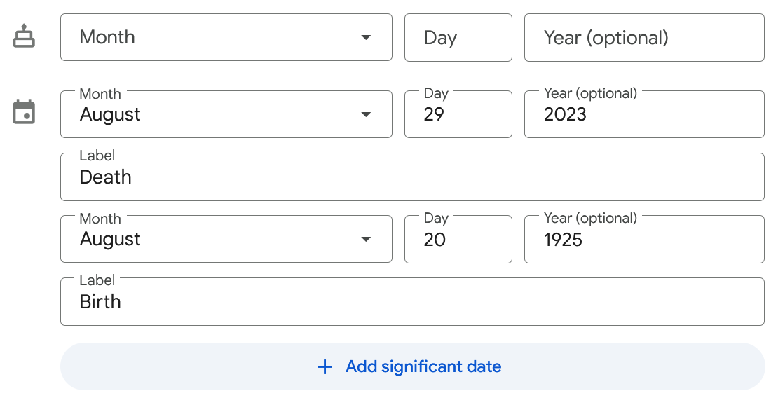 The significant dates on my grandmother’s Google Contacts entry. My convention is to move the birthday into a significant date named “Birth” and the date of death into “Death” alongside it.