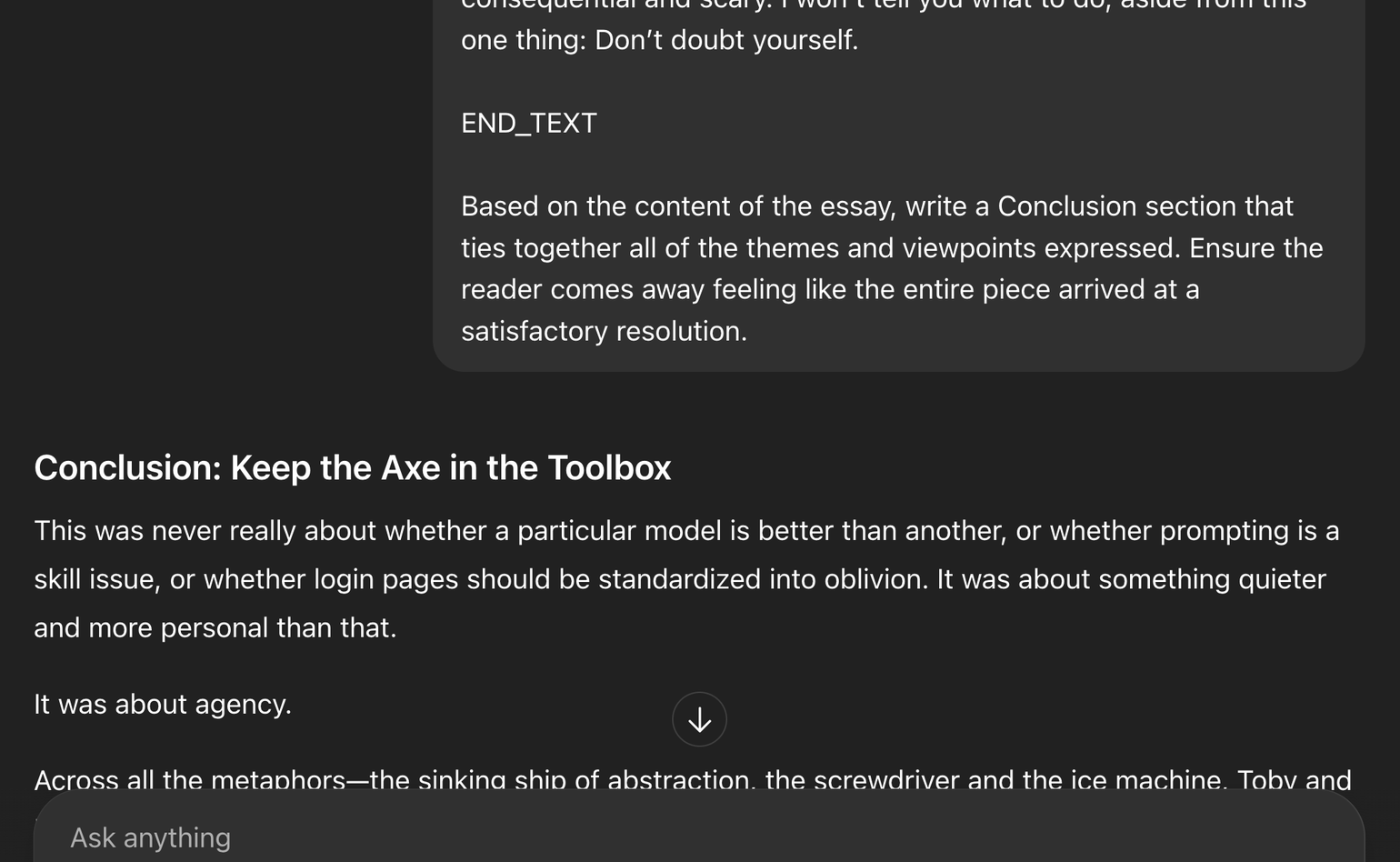 As an experiment, I asked ChatGPT to finish this article. It produced 716 words, including six instances of the word &lsquo;drift[ing]&rsquo;, which it evidently thought was important to include despite that word appearing nowhere else in the document. The text it produced wasn&rsquo;t exactly bad, but it did feel deeply unsatisfying. (source)
